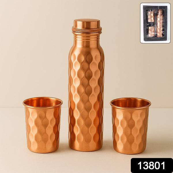 Copper Water Bottle 2 Glasses with Gift Box (3 Pcs Set)